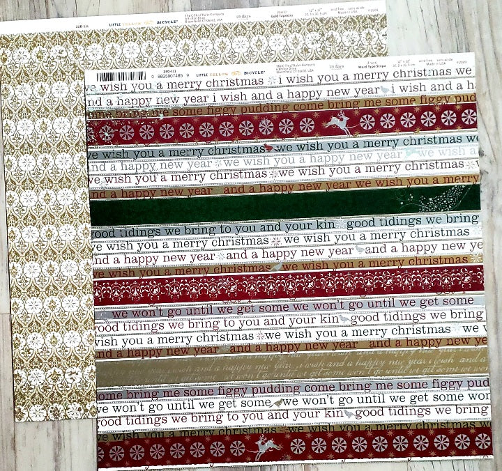 Little yellow bicycle  - double sided cardstock 12 x 12 - 25 days of Christmas - word type stripe