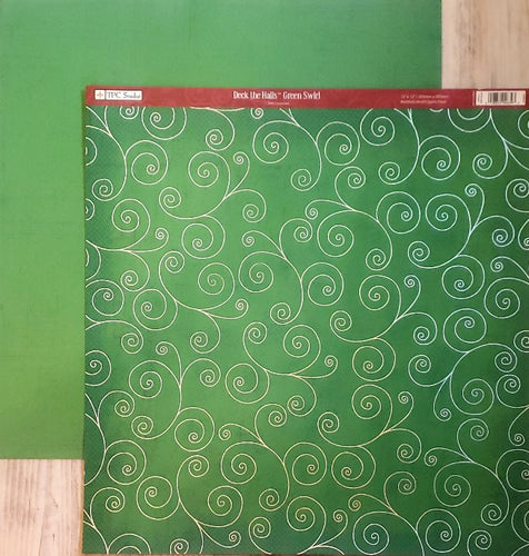 TPC studio - double sided cardstock 12 x 12 - deck the halls green swirl foil