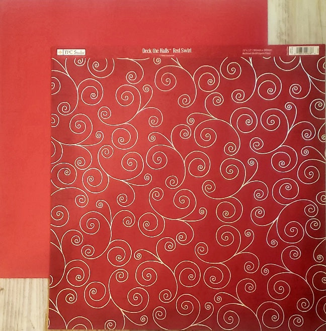 TPC studio - double sided cardstock 12 x 12 - deck the halls red swirl foil