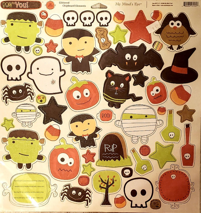 MME My minds eye  - single-sided paper cardstock 12 x 12 - Boo to you glitter chipboard elements punch outs