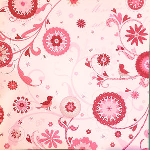 Karen Foster -  single Sided paper 12 x 12 - pink / red heart flowers and birds