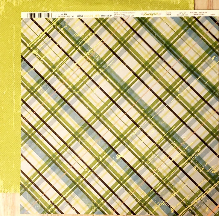 Little yellow bicycle  - double sided cardstock 12 x 12 - Lucky Me - plaid / green tiny stripes