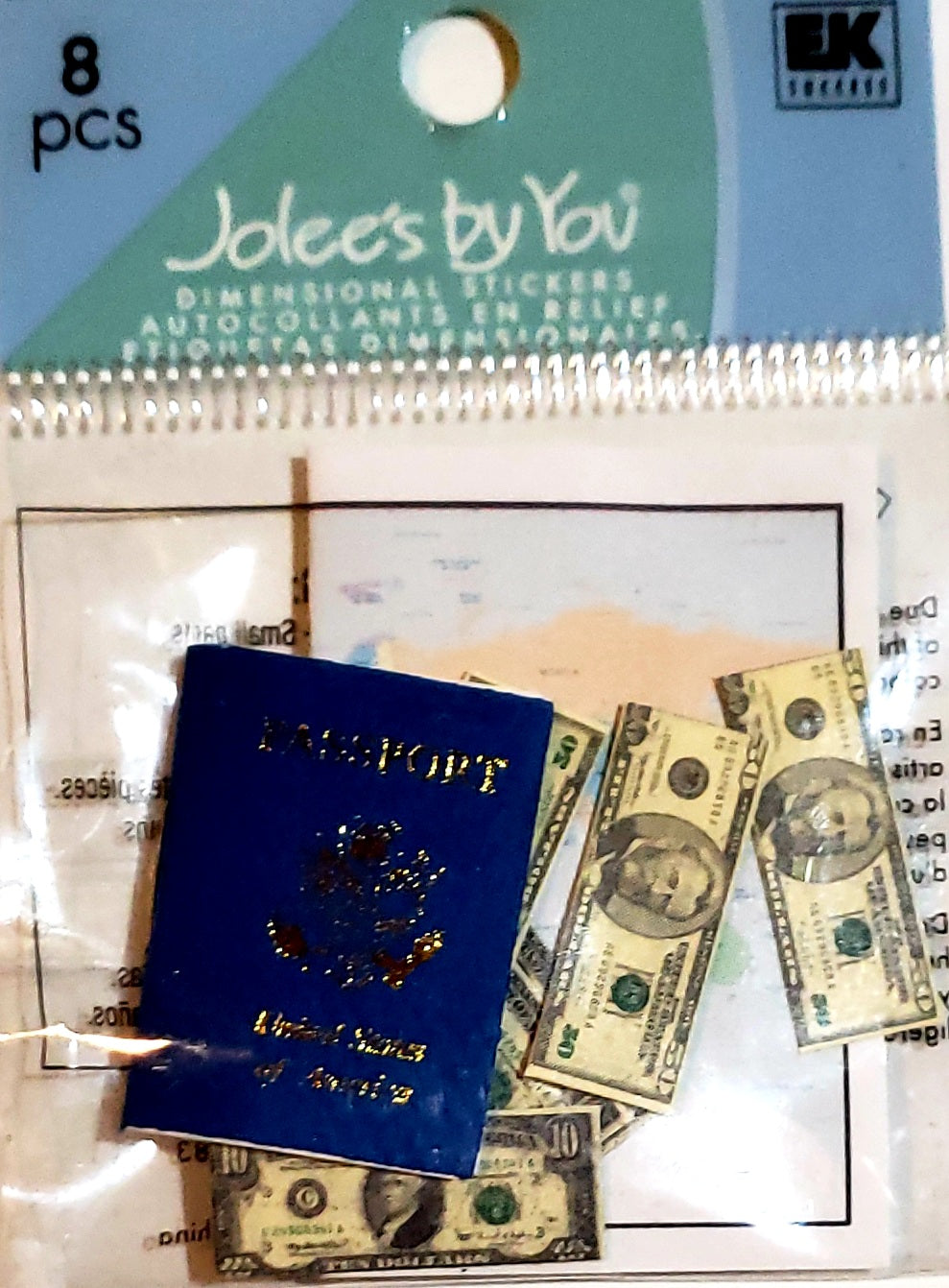 Jolee's Boutique Dimensional Sticker  - x small pack - passport map and money dollar bills