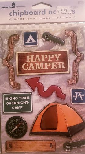 The paper house - chipboard stickers - happy camper