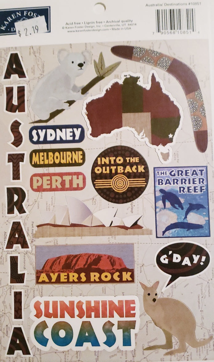 Karen Foster - cardstock stickers sheet - destinations Australia