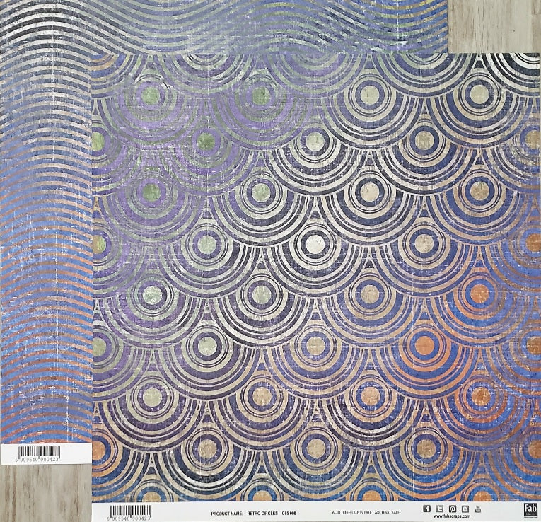 FabScraps Double Sided card stock paper 12 x 12 - Retro circles and waves