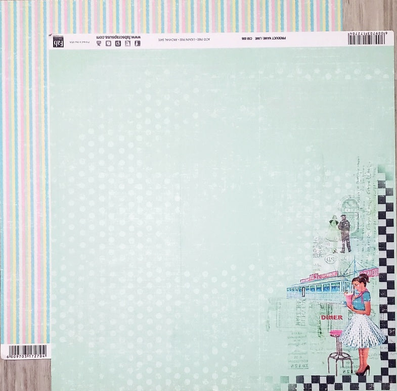 FabScraps Double Sided card stock paper 12 x 12 - Lime 50's stripes - diner