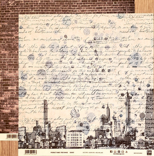 Fab scraps -  double Sided paper 12 x 12 - Free range city skyline and brick wall