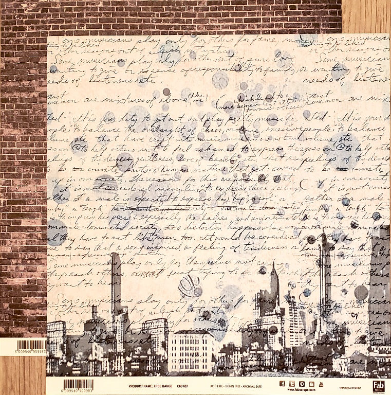 Fab scraps -  double Sided paper 12 x 12 - Free range city skyline and brick wall