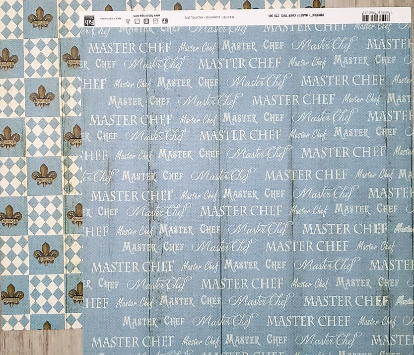 FabScraps Double Sided card stock paper 12 x 12 - Master Chef words and fleur-de-lis