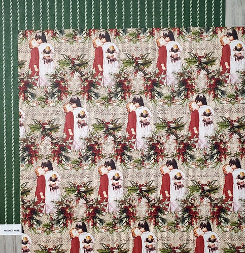 FabScraps Double Sided card stock paper 12 x 12 - Christmas Kiss and green stitched stripe