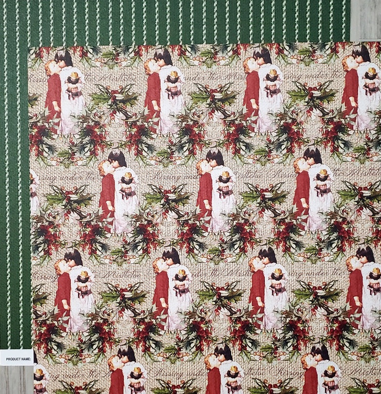 FabScraps Double Sided card stock paper 12 x 12 - Christmas Kiss and green stitched stripe