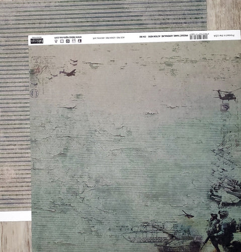 FabScraps Double Sided card stock paper 12 x 12 - Action Hero Army tank and green stripe