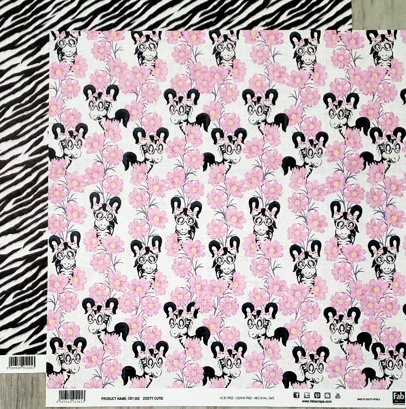 Fab scraps -  double Sided paper 12 x 12 - Zooty cutie Zebra with glasses pink flowers  and stripe