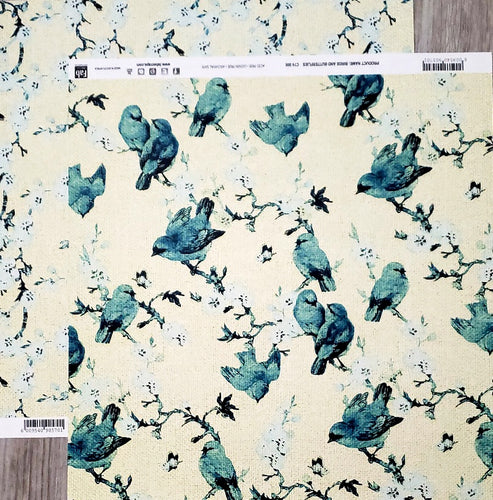 Fab scraps -  double Sided paper 12 x 12 - Birds blue and butterflies on yellow background and flower branches