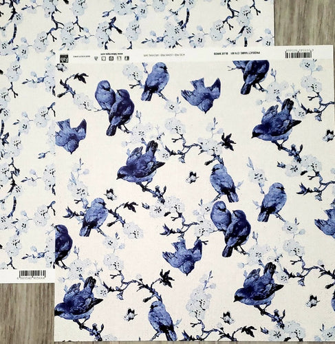 Fab scraps -  double Sided paper 12 x 12 - Blue Birds on white background and flower branches