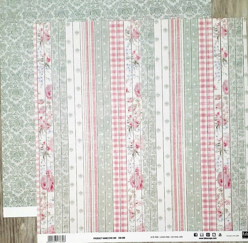 Fab scraps -  double Sided paper 12 x 12 - Chic Mix flower stripe and floral pattern