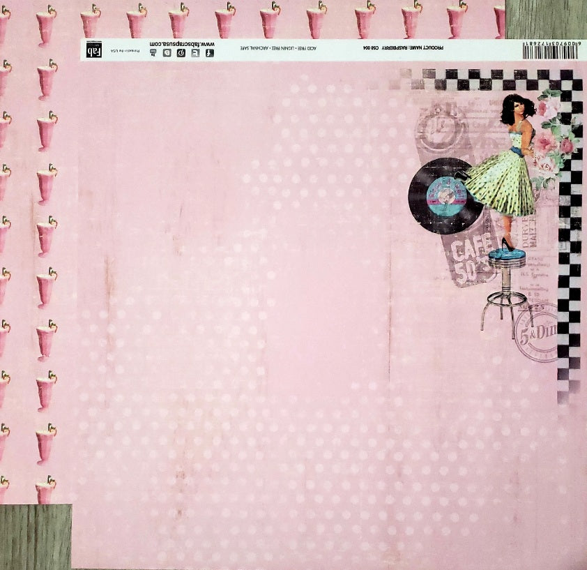 Fab scraps -  double Sided paper 12 x 12 - Raspberry 50's diner and milkshakes
