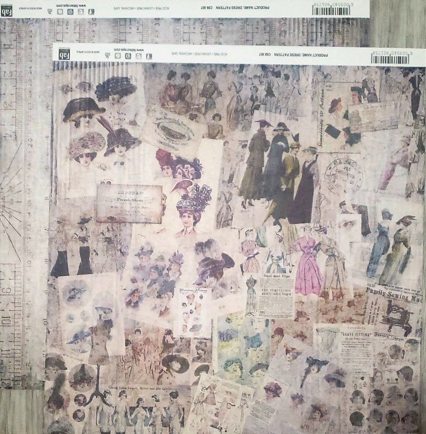 Fab scraps -  double Sided paper 12 x 12 - Dress pattern ruler compass