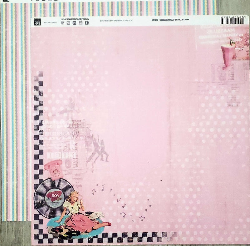 Fab scraps -  double Sided paper 12 x 12 - Strawberry 50's diner and stripes