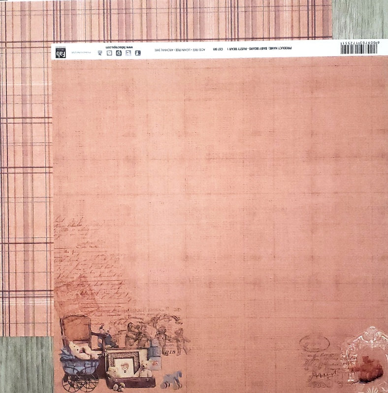 FabScraps Double Sided card stock paper 12 x 12 - Baby Bears - Rusty Bear 1 and brown plaid