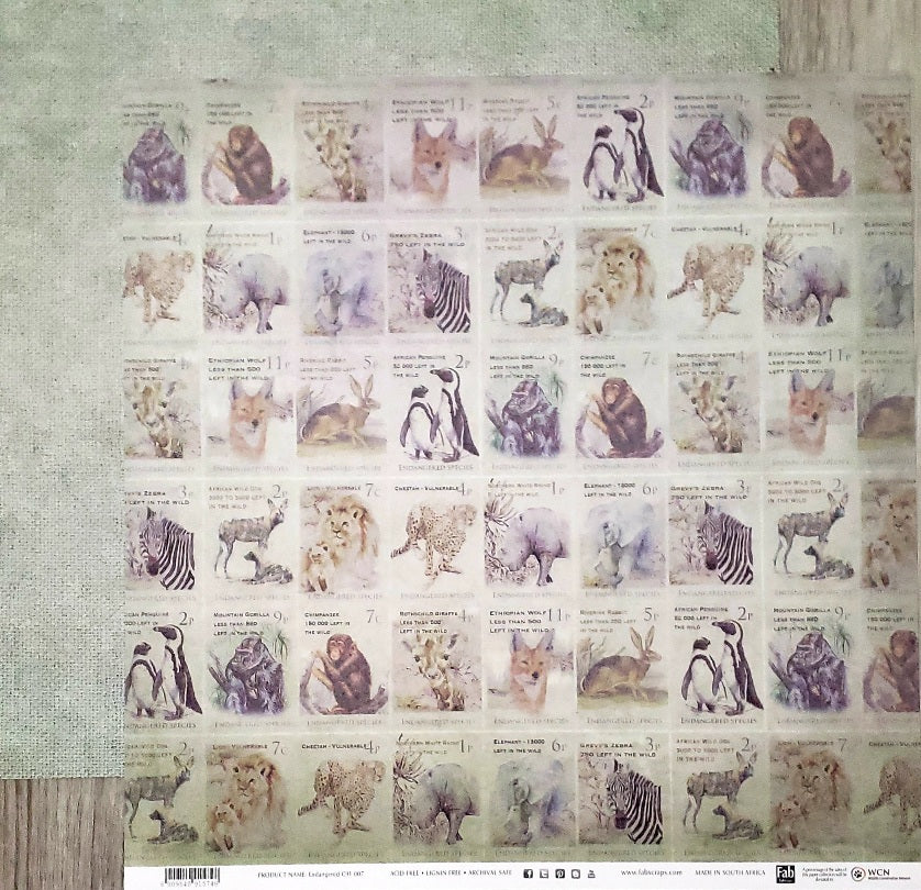 Fab scraps -  double Sided paper 12 x 12 - Endangered animals