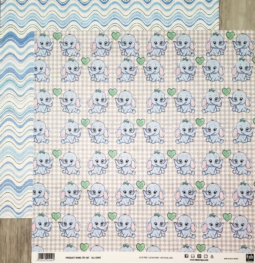 Fab scraps -  double Sided paper 12 x 12 - All ears baby elephant and blue waves
