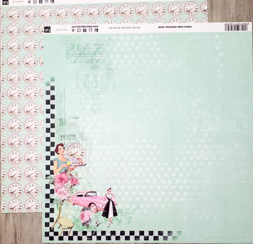 Fab scraps -  double Sided paper 12 x 12 - Cream soda - 50's diner and Roman numeral clock