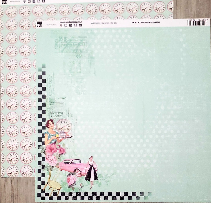 Fab scraps -  double Sided paper 12 x 12 - Cream soda - 50's diner and Roman numeral clock