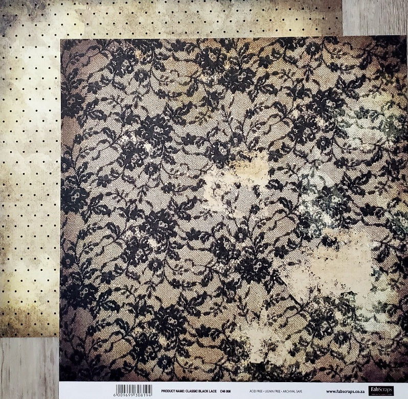 Fab scraps -  double Sided paper 12 x 12 - classic black lace and black dot