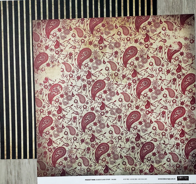 Fab scraps -  double Sided paper 12 x 12 - Classic Black stripe and red paisley