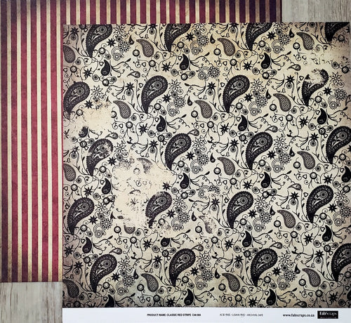 Fab scraps -  double Sided paper 12 x 12 - Classic red stripe and black paisley
