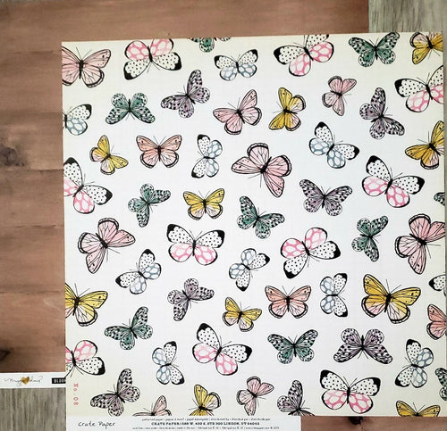 American crafts - Crate Paper -  double Sided paper 12 x 12 - bloom butterfly flutter  and wood plank background
