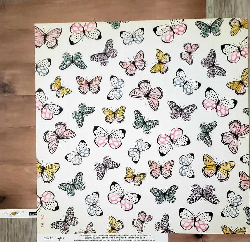 American crafts - Crate Paper -  double Sided paper 12 x 12 - bloom butterfly flutter  and wood plank background