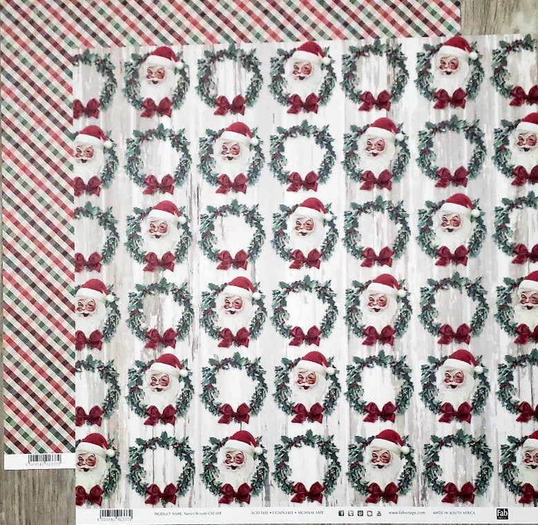Fab scraps -  double Sided paper 12 x 12 - Christmas Santa's wreath and green / red plaid