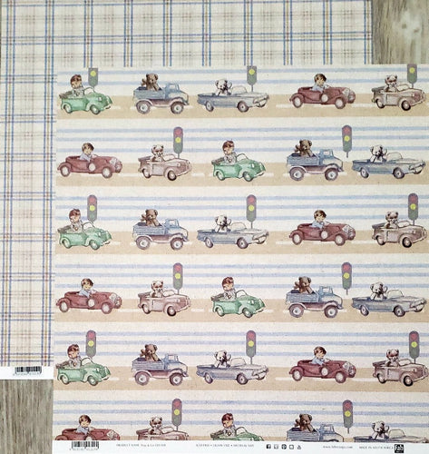 Fab scraps -  double Sided paper 12 x 12 - stop and go cars / blue brown plaid
