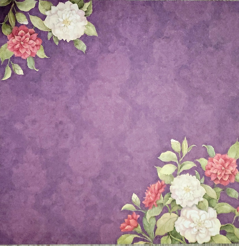 Karen Foster -  single Sided paper 12 x 12 -  pink and white flowers on purple