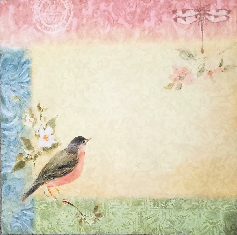 Karen Foster -  single Sided paper 12 x 12 - Robin and flowers