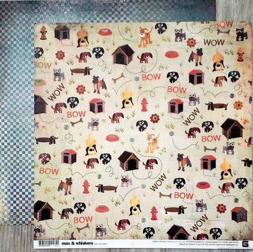 Basic Grey - double sided paper 12 x 12 - Max and Whiskers- toby dog and blue check