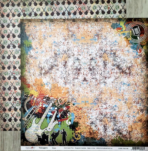 Feature Art - double sided paper 12 x 12 - Teenager kids - music and rock n roll instruments