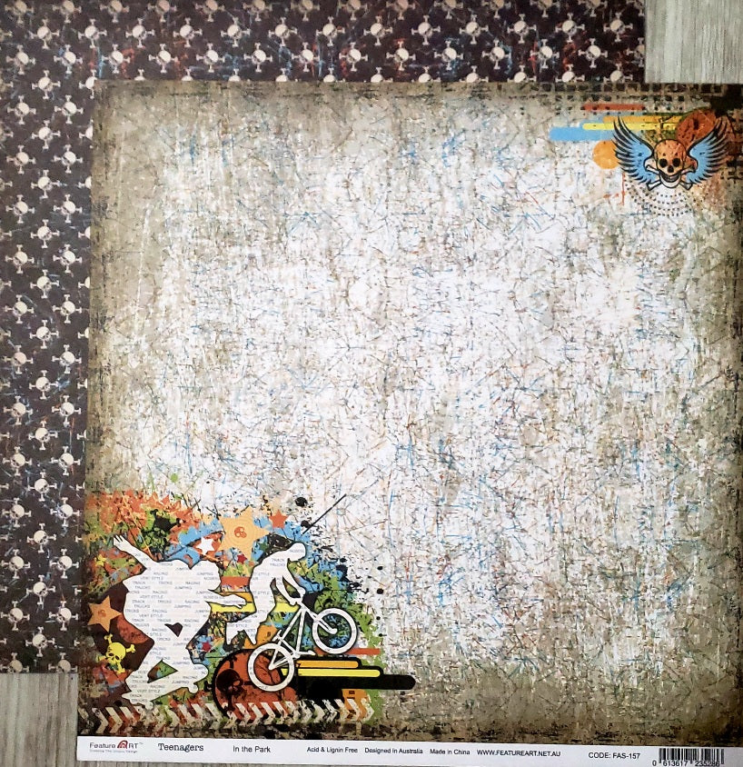 Feature Art - double sided paper 12 x 12 - Teenager kids - in the park bike skateboard and skull cross bones