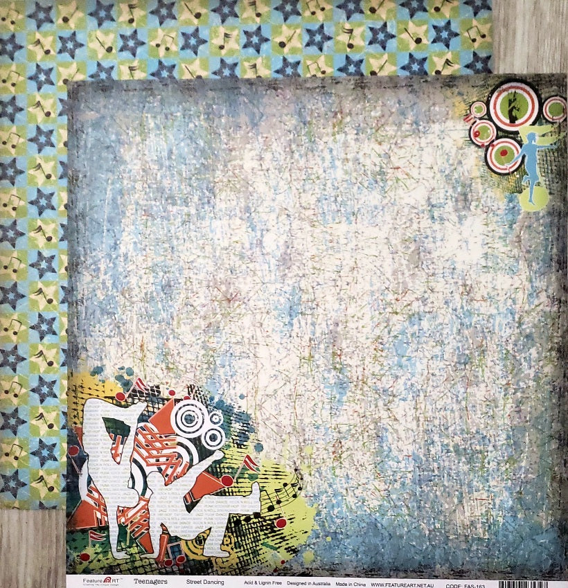 Feature Art - double sided paper 12 x 12 - Teenager kids - Street dancing and music note stars