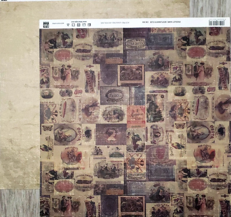 Fab scraps -  double Sided paper 12 x 12 - Gentleman's club - cigar labels and dirtressed tan