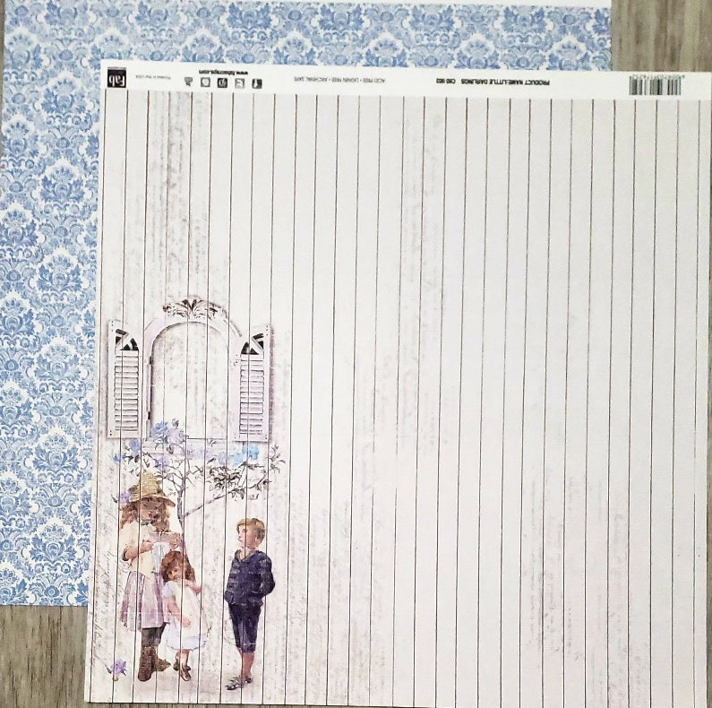 Fab scraps -  double Sided paper 12 x 12  - little darlings school kids and blue flower patterns