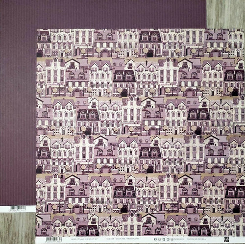 Fab scraps -  double Sided paper 12 x 12  - houses village and purple stripe