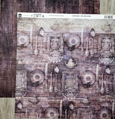 Fab scraps -  double Sided paper 12 x 12  - extravagance 1 - silverware and brown distressed