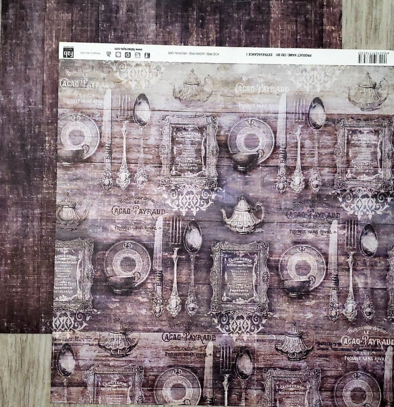 Fab scraps -  double Sided paper 12 x 12  - extravagance 1 - silverware and brown distressed