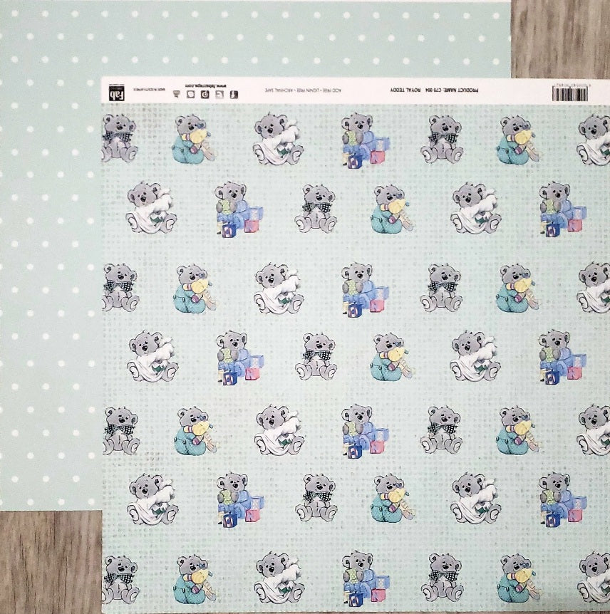 Fab scraps -  double Sided paper 12 x 12  - royal teddy bear and green dot