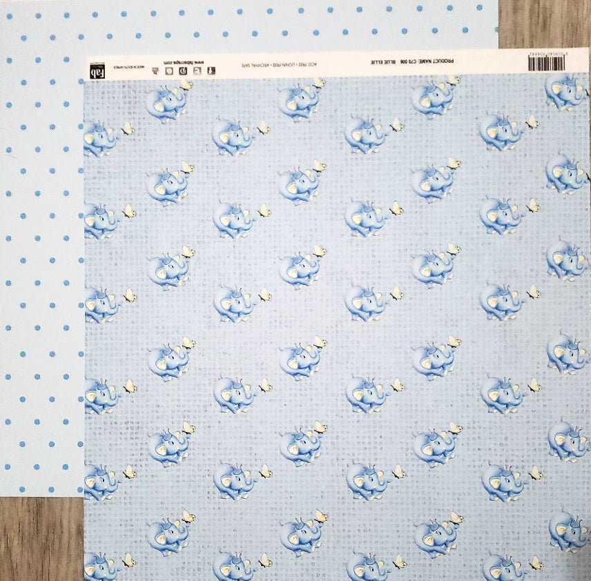 Fab scraps -  double Sided paper 12 x 12 - blue ellie elephant and blue dot