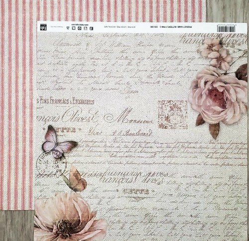 Fab scraps -  double Sided paper 12 x 12 - butterfly pink and orange fabric stripe